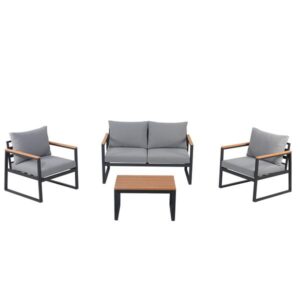 ### Conjunto de Móveis para Jardim Bariloche Plicosa

**Descrição Geral:**
O Conjunto de Móveis para Jardim Bariloche da marca Plicosa é uma solução ideal para quem busca conforto e estilo em áreas externas. Composto por um sofá de 4 lugares, duas poltronas e uma mesa de centro, este conjunto combina funcionalidade e estética contemporânea.

**Características do Produto:**

- **Tipo de Conjunto:** Sofá, Poltrona e Mesa
- **Coleção:** Jardim Bariloche
- **Marca:** Plicosa
- **Material:** Aço e Poliéster
- **Cor:** Cinza
- **Quantidade de Lugares:** 4 lugares
- **Uso Indicado:** Para Estar
- **Áreas Indicadas:** Externas com Cobertura (secas)
- **Estilo:** Contemporâneo
- **Quantidade de Peças:** 4

**Especificações da Mesa:**
- **Material do Tampo:** Fibra de Polipropileno
- **Material da Estrutura:** Aço Pintado e Polywood
- **Cor da Mesa:** Cinza
- **Dimensões da Mesa (AxLxC):** 45cm x 120cm x 60cm
- **Formato da Mesa:** Retangular
- **Mesa Dobrável:** Não
- **Furo para Ombrelone:** Não

**Especificações do Sofá:**
- **Material do Assento:** Fibra Sintética e Poliéster
- **Material da Estrutura:** Aço Pintado
- **Quantidade de Lugares do Sofá:** 4
- **Dimensões do Sofá (AxLxP):** 81cm x 128cm x 75cm

**Especificações da Poltrona:**
- **Material do Assento:** Fibra Sintética e Poliéster
- **Material da Estrutura:** Aço Pintado
- **Dimensões da Poltrona (AxLxP):** 81cm x 68cm x 75cm
- **Poltrona Dobrável:** Não

**Conforto e Manutenção:**
- **Almofadas:** Revestidas em Poliéster, resistente a intempéries, com tratamento UV para proteção contra o sol.
- **Zíper nas Capas:** Facilita a remoção e lavagem em máquina.

**Durabilidade:**
- **Estrutura Robustez:** Fabricada em aço pintado, garantindo estabilidade e resistência ao longo do tempo.
- **Material Resistente:** A fibra de polipropileno utilizada no tampo da mesa e nos braços do sofá/poltronas é ideal para ambientes externos.

**Montagem:**
- **Montagem:** Produto é entregue desmontado.
- **Garantia:** 6 meses para defeitos de fabricação, não cobre mau uso.

**Observações:**
- **Atenção:** Não indicado para regiões com maresia e/ou contato direto com água.

**Conclusão:**
Este conjunto de móveis é ideal para criar um ambiente acolhedor e relaxante no seu jardim ou varanda, proporcionando um espaço perfeito para receber amigos e desfrutar momentos de lazer ao ar livre.