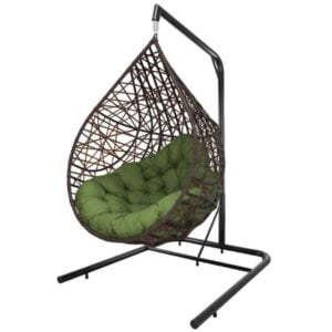 **Produto: Cadeira Balanço Ninho Suspenso Gota Tramado Com Suporte E Almofada Impermeável - Acesse Móveis**

**Descrição Geral:**
A Cadeira Balanço Ninho Suspenso Gota é um item que combina conforto, elegância e durabilidade. Ideal para ambientes internos e externos, como jardins, varandas e escritórios, este balanço suspenso proporciona uma experiência de relaxamento única.

**Características Técnicas:**

- **Tipo do Produto:** Balanço para Jardim
- **Modelo:** Gota
- **Quantidade de Lugares:** 1 lugar
- **Material da Estrutura:** Aço carbono, garantindo robustez e estabilidade.
- **Acabamento:** Fibra sintética tramada à mão, proporcionando um visual contemporâneo e sofisticado.
- **Material do Assento:** Tecido impermeável, resistente à umidade e fácil de limpar.
- **Enchimento do Assento:** Espuma flocada, oferecendo conforto e suporte ergonômico.
- **Cor:** Estrutura em marrom com almofada em tonalidade verde.
- **Formato:** Oval, que se adapta ao corpo e proporciona uma sensação de aconchego.
- **Dimensões:**
  - **Altura:** 194 cm
  - **Largura:** 120 cm
  - **Comprimento:** 150 cm
- **Peso do Produto:** 40 kg
- **Capacidade de Suporte:** Até 120 kg, garantindo segurança durante o uso.
- **Acessórios Inclusos:** Almofada do assento, mola e mosquetão para fixação.
- **Necessita de Montagem:** Sim, montagem simples por encaixe.
- **Garantia do Fabricante:** 3 meses.
- **Observações:** Imagens meramente ilustrativas; decorações não acompanham o produto.

**Funcionalidade:**
O balanço suspenso permite um balanço suave, ideal para momentos de leitura, meditação ou relaxamento. O design ergonômico da almofada proporciona um suporte adequado, enquanto a estrutura em aço e fibra sintética assegura resistência e durabilidade.

**Aplicações:**
Perfeito para uso em ambientes variados, como:
- Jardins
- Varandas
- Terraços
- Escritórios

**Concluindo:**
A Cadeira Balanço Ninho Suspenso Gota é uma escolha ideal para quem busca conforto e estilo em qualquer espaço, combinando funcionalidade e estética de forma harmoniosa.