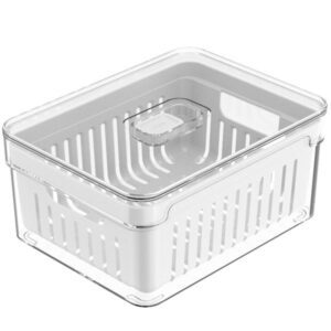 **Descrição do Produto: Organizador de Geladeira com Cesto Escorredor 2,2L Clear Fresh - Marca Ou**

**Características Gerais:**
- **Tipo de Produto:** Organizador de Geladeira
- **Marca:** Ou
- **Modelo:** Clear Fresh
- **Cor:** Transparente
- **Capacidade:** 2,2 litros
- **Peso:** 0,39 kg

**Dimensões:**
- **Altura:** 30,00 cm
- **Largura:** 19,00 cm
- **Profundidade:** 19,00 cm
- **Comprimento:** 19,00 cm
- **Diâmetro:** 19,00 cm
- **Dimensões Internas:** 18,5 cm (comprimento) x 14 cm (largura) x 9 cm (altura)
- **Dimensões do Cesto:** 19 cm (comprimento) x 14 cm (largura) x 8 cm (altura)

**Materiais:**
- **Composição:** Polipropileno (PP) e Poliestireno (PS)
- **Livre de Bisfenol A:** Sim

**Funcionalidades:**
- **Tampa com Respiradouro:** Ajustável, mantém o nível de umidade ideal para prolongar a frescura dos alimentos.
- **Cesto de Drenagem:** Evita que os alimentos fiquem em contato com a água, ajudando a prevenir a deterioração.
- **Alças Laterais:** Facilita o transporte e manuseio do cesto de drenagem.
- **Transparência Total:** Permite visualizar o conteúdo facilmente, contribuindo para uma organização eficiente.
- **Empilhável:** Otimiza o espaço na geladeira.

**Cuidados e Limpeza:**
- **Limpeza:** Lavar com água e sabão neutro utilizando esponja macia; secar com pano seco.
- **Instruções de Uso:** Não utilizar produtos químicos ou abrasivos na limpeza; não suporta máquina de lavar, micro-ondas ou freezer.

**Garantia:**
- **Período:** 90 dias
- **Observações:** Garantia do fabricante.

**Observações Adicionais:**
- Ideal para organização de frutas, legumes e folhas.
- Design minimalista e fácil de limpar, promovendo funcionalidade e praticidade na cozinha.
- Contribui para a redução de desperdícios alimentares, mantendo os alimentos organizados e visíveis.