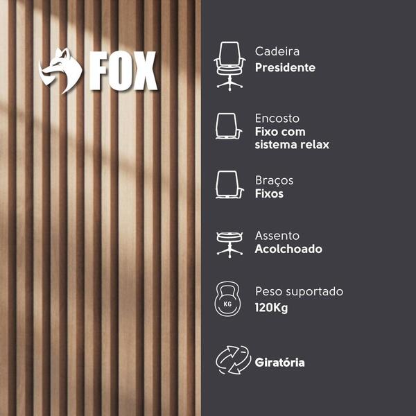 **Descrição do Produto: Cadeira Presidente Fox** **Tipo e Design:** - **Modelo:** Cadeira Presidente. - **Estilo:** Design ergonômico com foco em conforto e suporte adequado durante longas horas de uso. - **Cor:** Não especificada, mas geralmente disponível em tons neutros para se encaixar em diferentes ambientes de escritório. **Dimensões e Tamanho:** - **Dimensões específicas não fornecidas**, mas projetada para atender a uma ampla gama de usuários, oferecendo suporte e conforto. **Materiais:** - **Estrutura:** Fabricada em materiais duráveis, como metal ou plástico resistente, garantindo estabilidade. - **Assento:** Acolchoado para maior conforto, ideal para longos períodos de uso. - **Encosto:** Fixo com sistema relax, proporcionando suporte lombar e aliviando a pressão durante a utilização. **Funcionalidade:** - **Braços:** Fixos, oferecendo apoio adicional aos usuários sem a possibilidade de ajuste. - **Peso Suportado:** Capacidade de suportar até 120 kg, tornando-a adequada para a maioria dos usuários. - **Girar:** Mecanismo giratório que facilita a mobilidade e o acesso a diferentes áreas da mesa de trabalho. **Características Técnicas:** - **Sistema de Relax:** O encosto fixo permite um leve movimento que contribui para o conforto sem comprometer a postura. - **Versatilidade:** Adequada tanto para ambientes corporativos quanto para home office, oferecendo uma combinação de estilo e funcionalidade. Esta descrição detalha as especificações físicas, técnicas e funcionais da Cadeira Presidente Fox, visando a criação de atributos e categorias de produto.