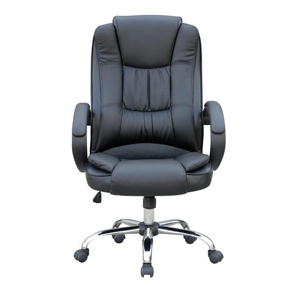 Cadeira de escritório ergonômica em estilo contemporâneo, com estofamento em couro sintético preto, conferindo uma aparência elegante e profissional. O encosto é alto, proporcionando suporte adicional para a região cervical, e apresenta um design acolchoado que aumenta o conforto durante longos períodos de uso. As dimensões gerais da cadeira são aproximadamente 60 cm de largura, 60 cm de profundidade e 110 cm de altura, com uma capacidade de peso suportada de até 120 kg. Os braços da cadeira são fixos, estofados e ergonomicamente projetados para oferecer suporte aos antebraços, contribuindo para a postura correta do usuário. A base é composta por um suporte central de metal cromado que proporciona durabilidade e resistência. As rodinhas são giratórias e fabricadas em nylon, permitindo um fácil deslocamento em diferentes superfícies, além de um mecanismo de bloqueio para maior estabilidade. A cadeira também conta com uma função de ajuste de altura a gás, permitindo personalizar a ergonomia de acordo com as preferências do usuário. O recurso de reclínio, facilmente acionado por uma alavanca, proporciona um conforto adicional, permitindo que o usuário ajuste a inclinação do encosto para relaxar durante o trabalho. Ideal para ambientes de escritório, home office ou reuniões, esta cadeira combina funcionalidade com um design moderno, sendo uma excelente opção para quem busca conforto e estilo.